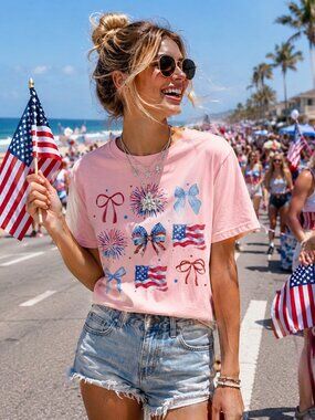 Americana Patriotic White Bow Fireworks T-Shirt Women's American Flag BBQ Small